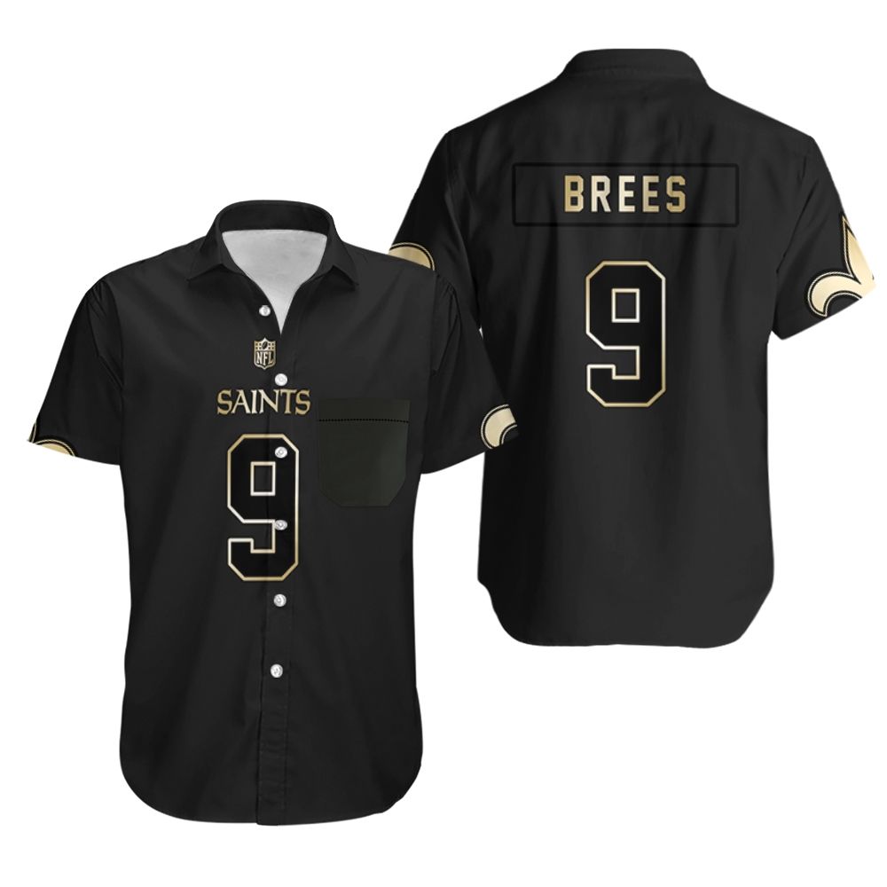HOT New Orleans Saints 9 Drew Brees Black Golden Mens NFL Tropical Shirt2