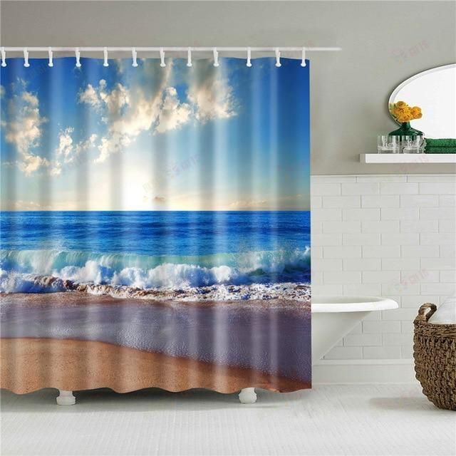 Beach Day Mornings Fabric Shower, Fabric Beach Themed Shower Curtain