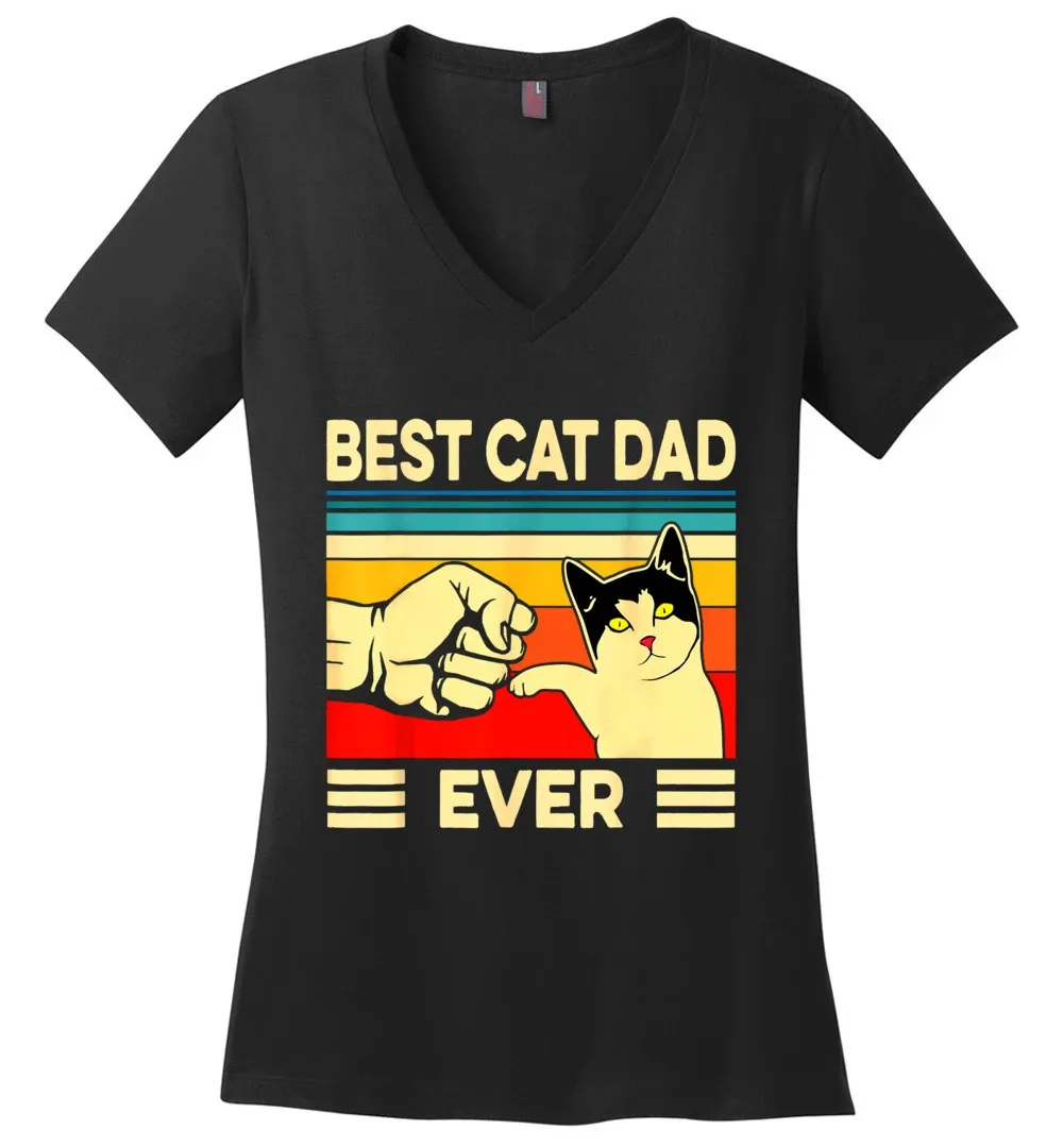 Vintage Best Cat Dad Ever Bump Fit Ladies Perfect Weight V-Neck