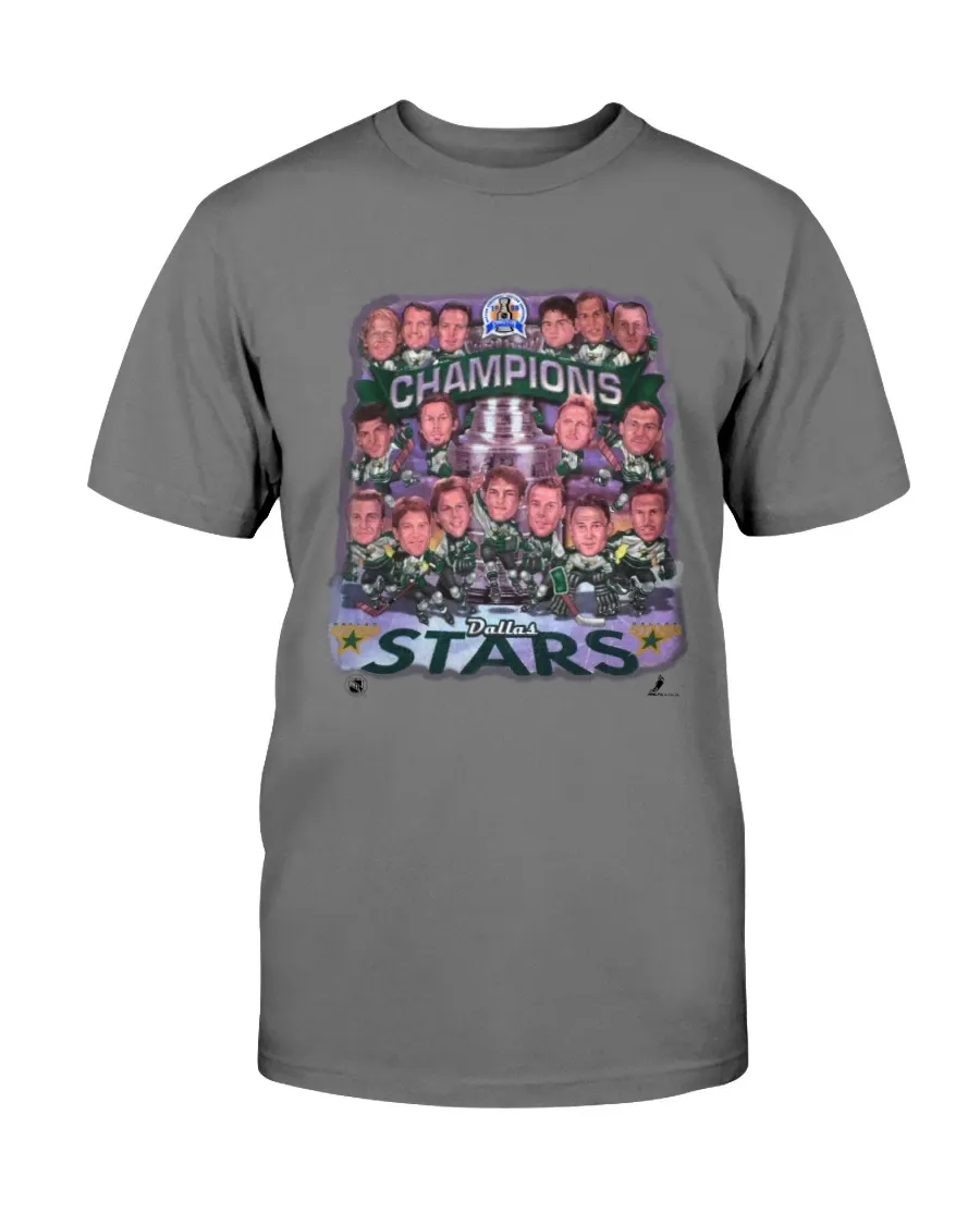 1999 Dallas Stars Vintage Mike Modano - Brett Hull - Sergei Zubov Era Classic 90s Nhl Stanley Cup Champions Team Caricature Promo Shirt