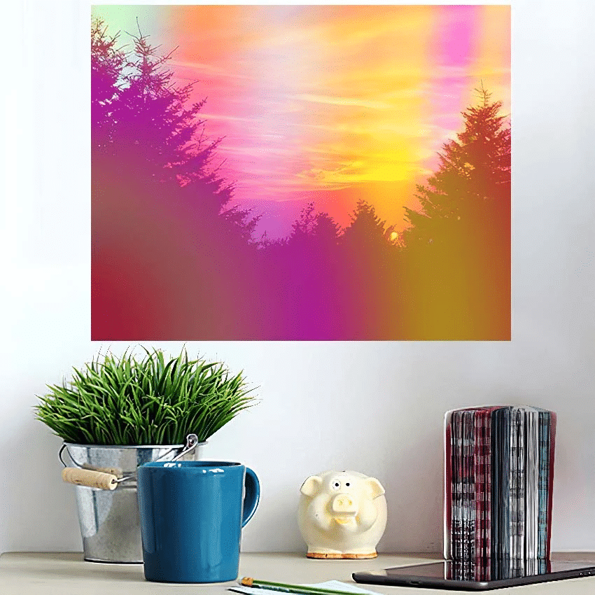 Colorful Abstract Psychedelic Background Silhouette Coniferous - Psychedelic Poster Art Print