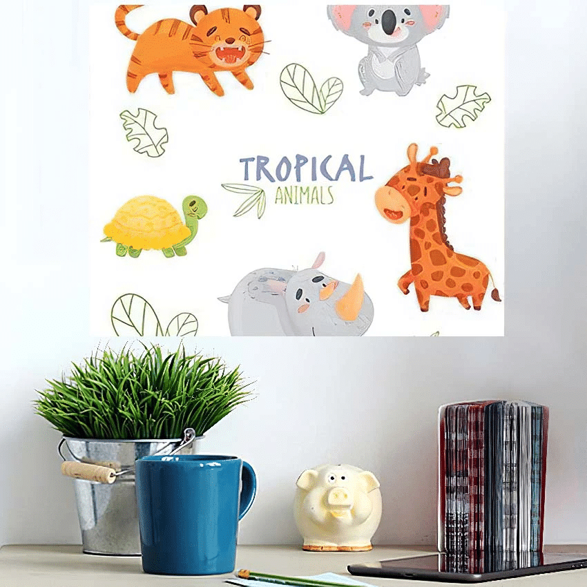 Color Set Cute Tropical Animals Isolated - Cartoon Poster Art Print