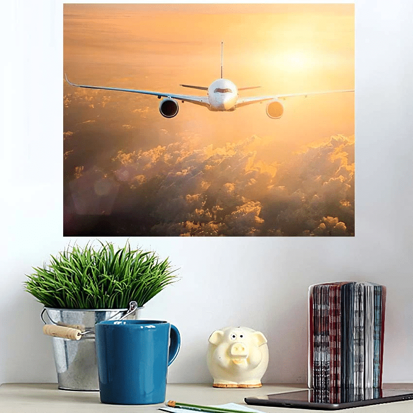 Commercial Passenger Aircraft Flying Above Dramatic - Airplane Airport Poster Art Print