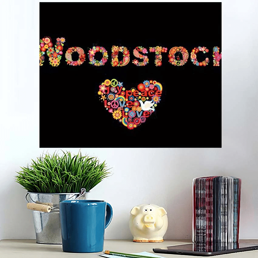 Colorful Woodstock Flowers Lettering Hippie Heart - Hippies Poster Art Print