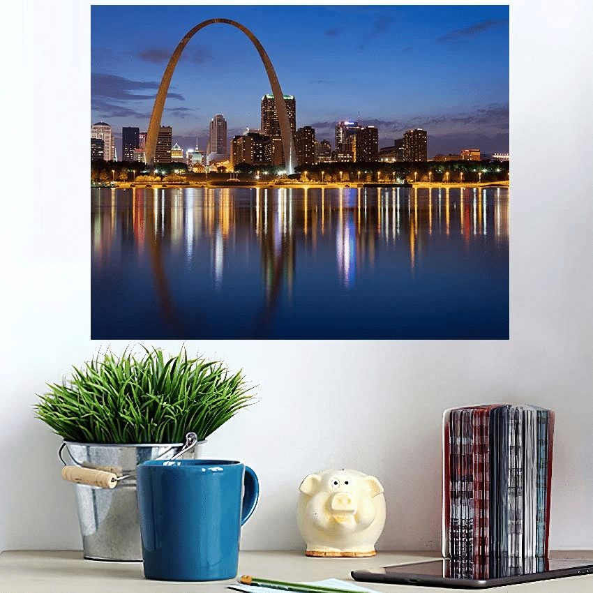 City Of St Louis Skyline Gateway Arch At Twilight - Landscape Poster Art Print