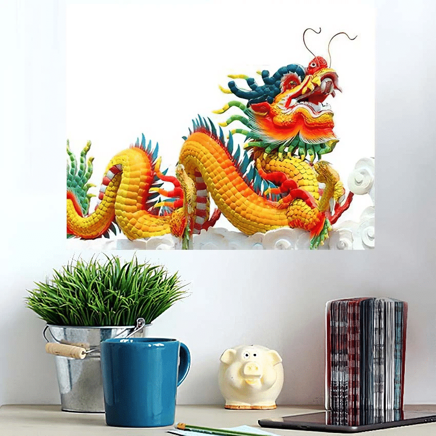 Colorful Chinese Dragon Isolated On White - Dragon Animals Poster Art Print