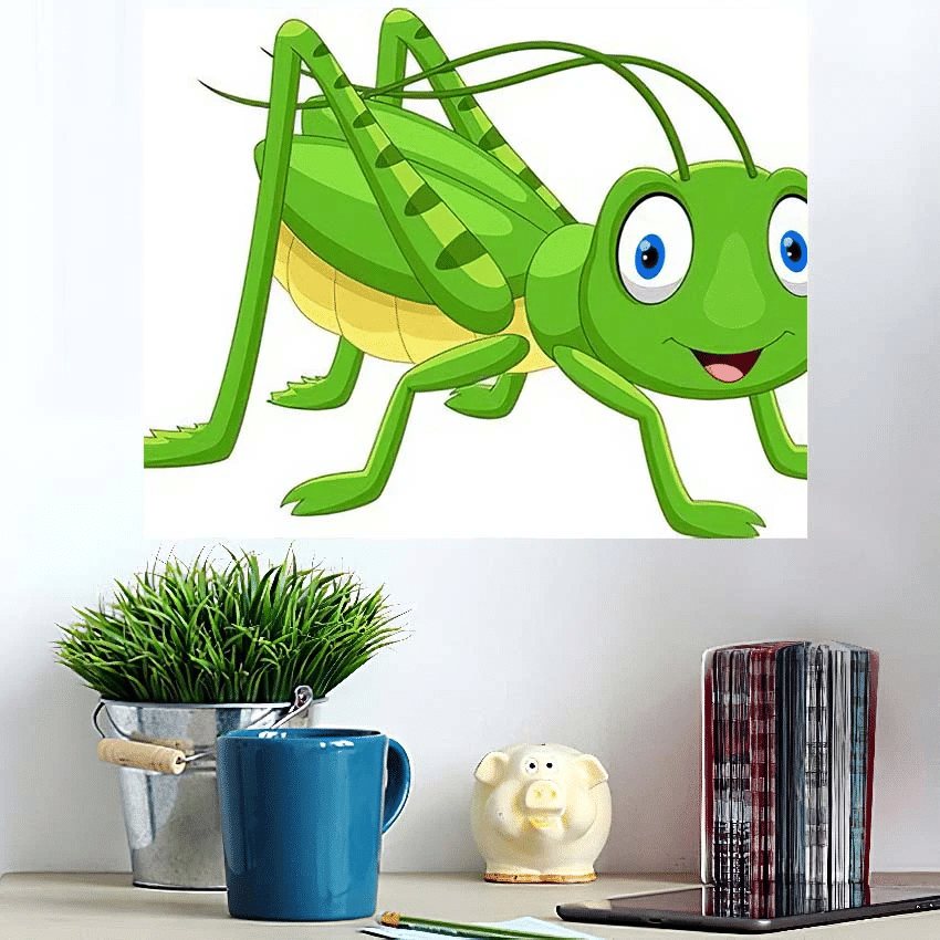 Cute Grasshopper Cartoon Isolated On White - Cartoon Poster Art Print