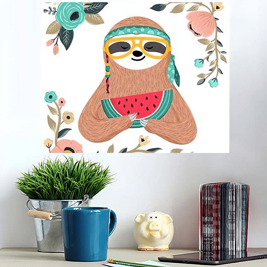 Cute Baby Sloth Eating Watermelon Hipster - Hippies Poster Art Print