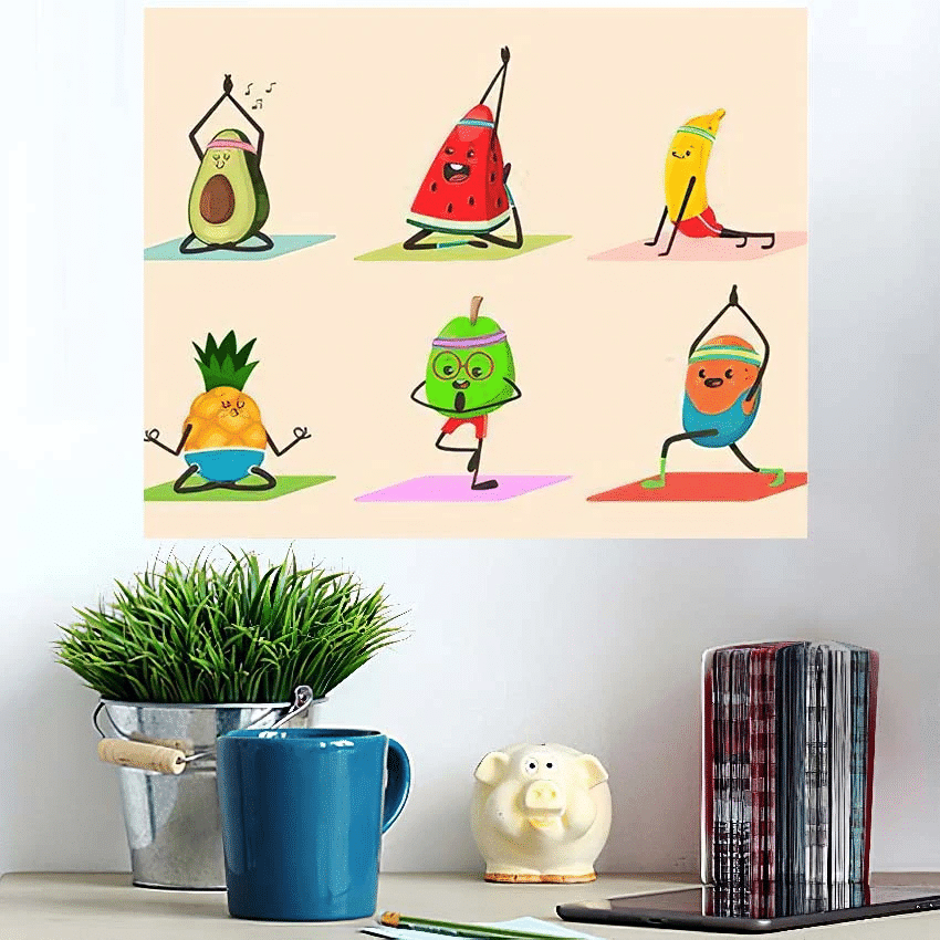 Cute Fruit Vegetables Doing Yoga Poses - Cartoon Poster Art Print