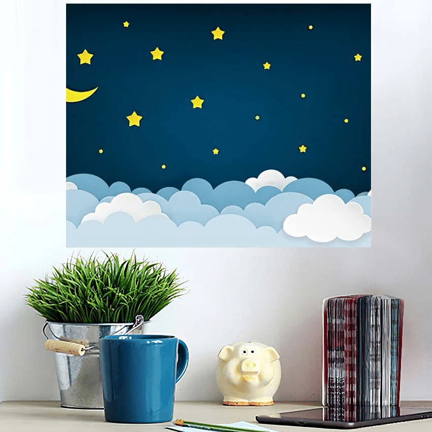 Crescent Moon Stars Clouds On Midnight - Galaxy Sky And Space Poster Art Print
