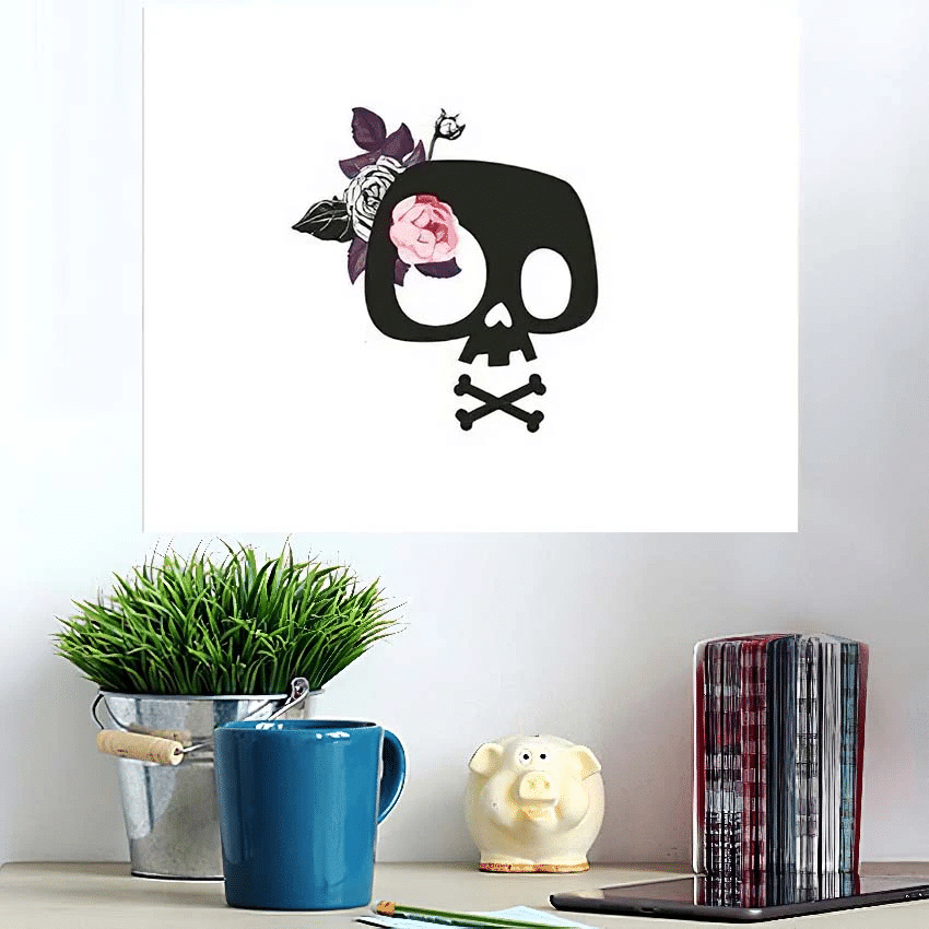 Cute Cartoon Skull Decorated Rose Flowers - Skull Poster Art Print