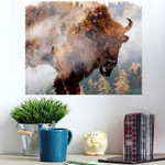 Double Exposure European Bison Foggy Forest - Bison Animals Poster Art Print