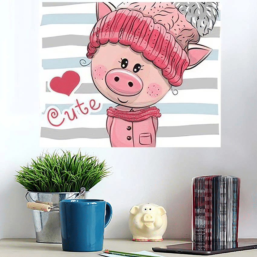 Cute Cartoon Piggy Girl Hat Coat - Cartoon Poster Art Print