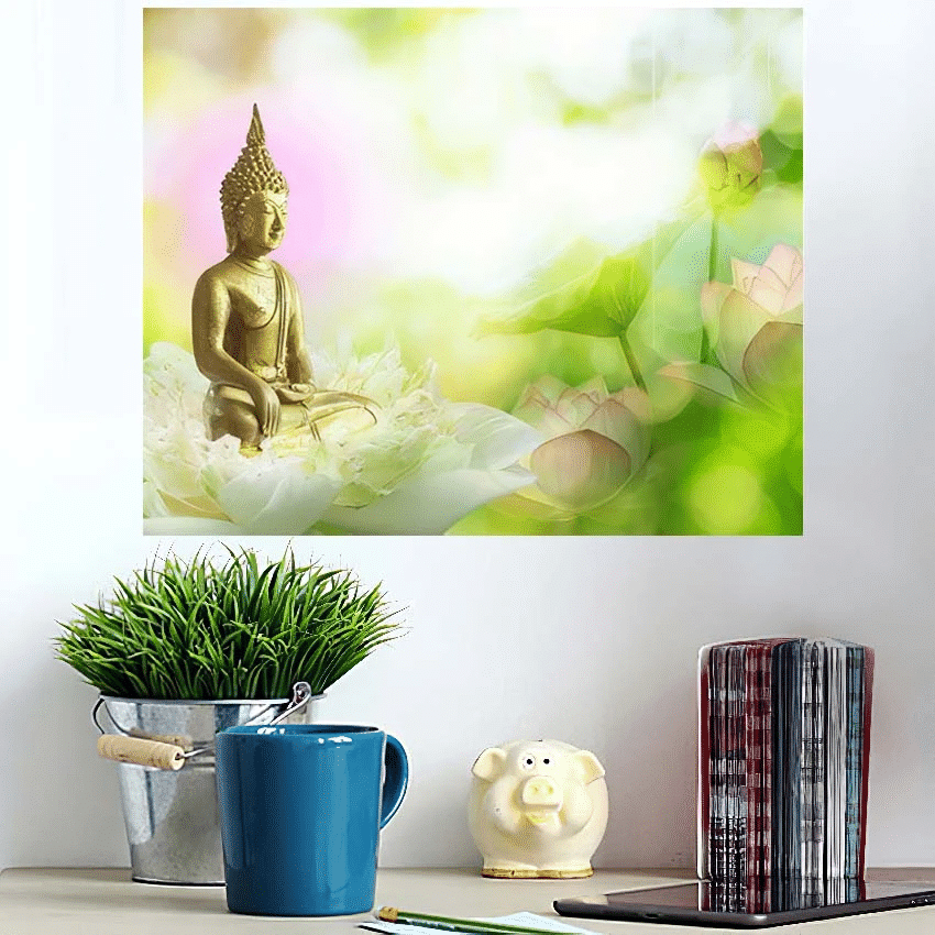 Double Exposure Lotus Flower Water Lily - Buddha Religion Poster Art Print