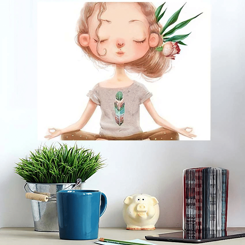Cute Cartoon Girl Yoga Lotus Pose - Cartoon Poster Art Print