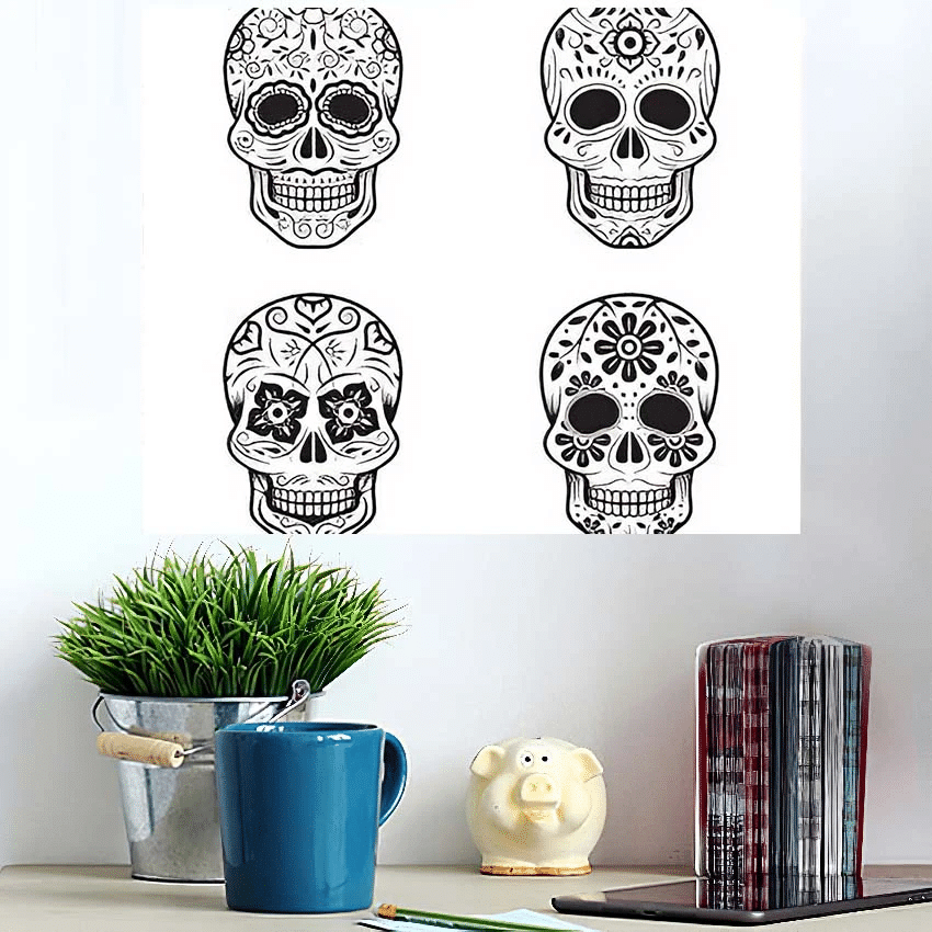 Day Dead Skulls Black White Set - Skull Poster Art Print