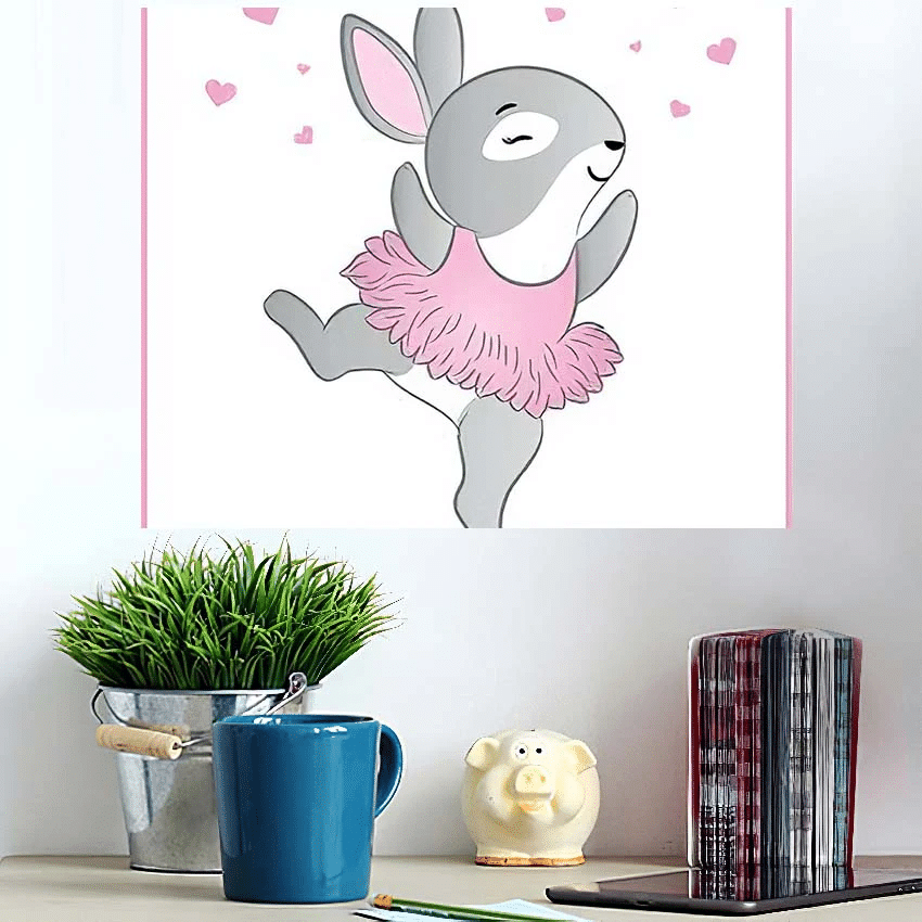Cute Pink Bunny Dancing Little Dress - Cartoon Poster Art Print