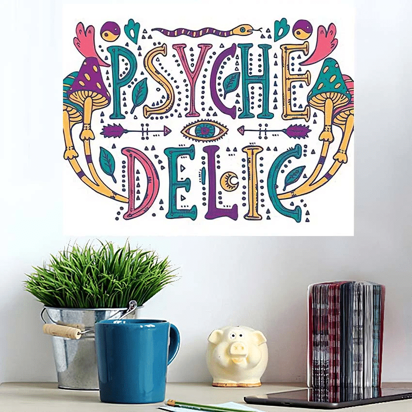 Detailed Ornamental Psychedelic Lettering Magic Mushrooms - Psychedelic Poster Art Print