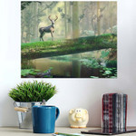 Deer Standing On Fallen Tree Bridge - Deer Animals Poster Art Print