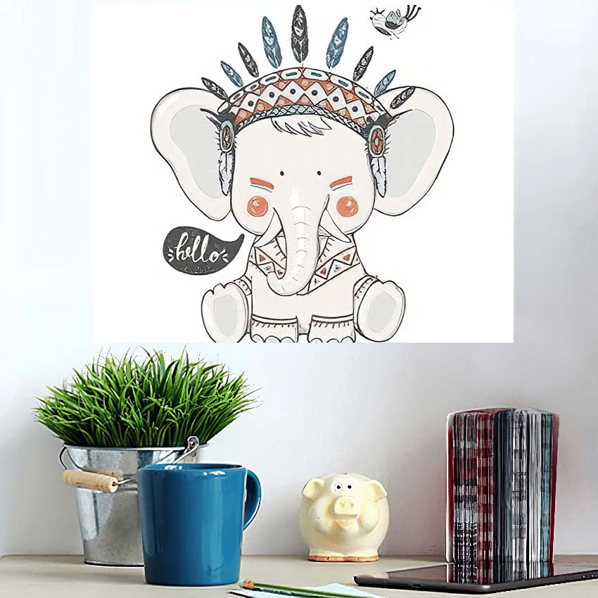 Cute Indian Elephant Headband Birdhand Drawn - Hippies Poster Art Print