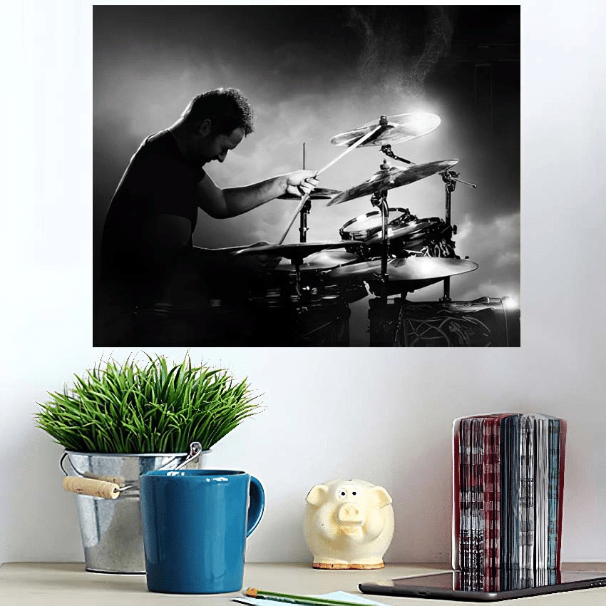 Drummer Playing Drums Smoke Powder Background - Drum Music Poster Art Print