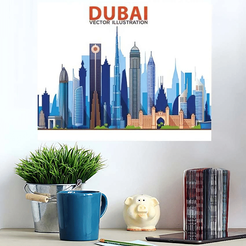 Dubai Skyline - Airplane Airport Poster Art Print