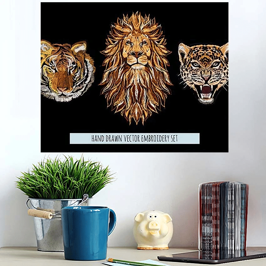 Embroidery Vector Colorful Pattern Set Lion - Tiger Animals Poster Art Print