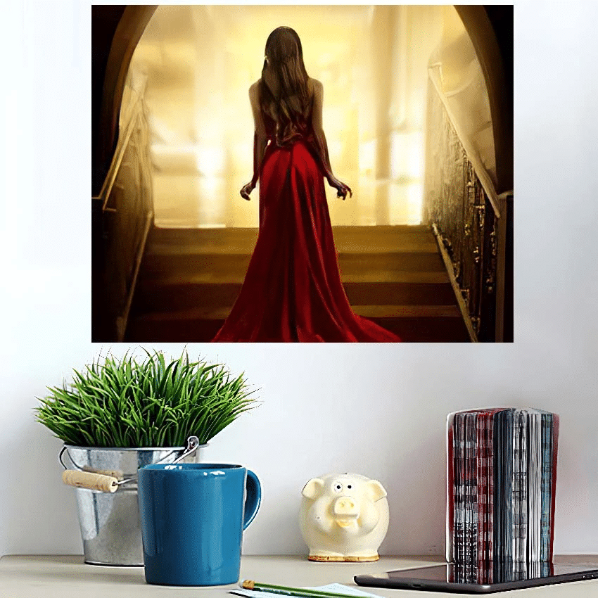 Elegant Woman Silhouette Long Red Gown - Fantasy Poster Art Print