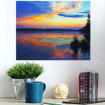 Dramatic Sunset Over The Lake Water Lilies On The Lake Twilight Mirror Reflection In Water - Nature Poster Art Print