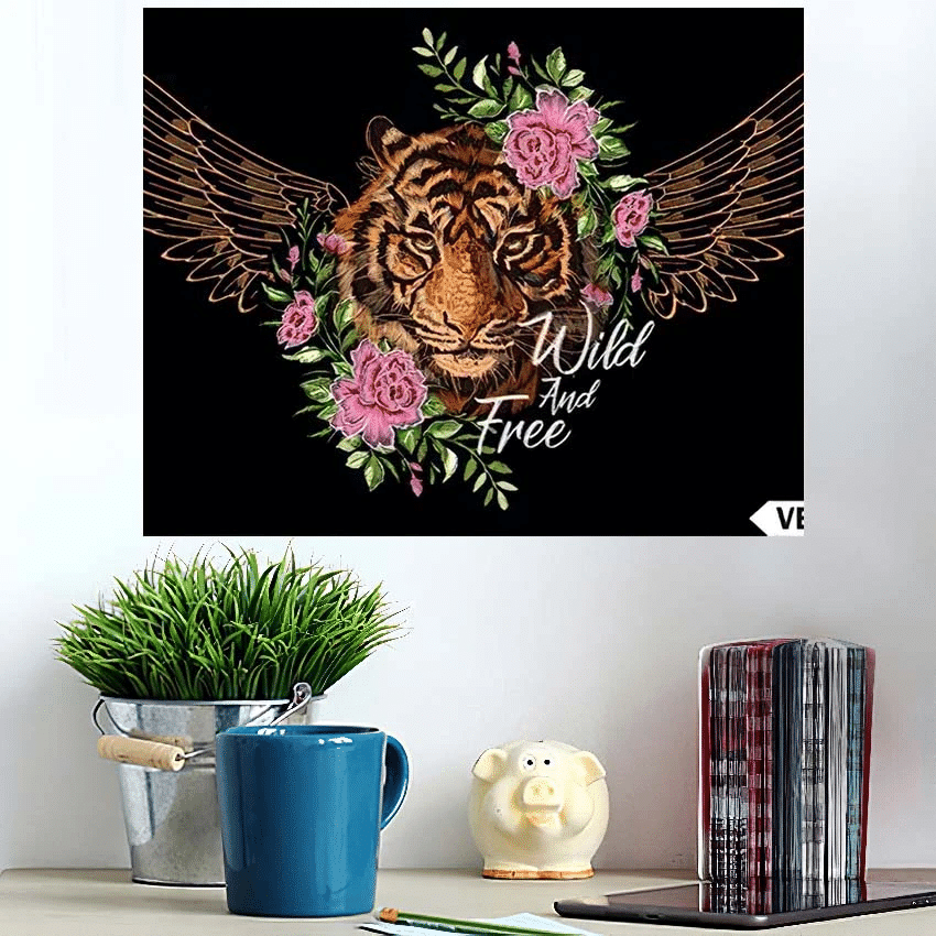 Embroidery Winged Tiger Slogan Embroidered Floral - Tiger Animals Poster Art Print