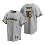 Mens Milwaukee Brewers #18 Keston Hiura Road Gray Jersey Gift For Brewers Fans