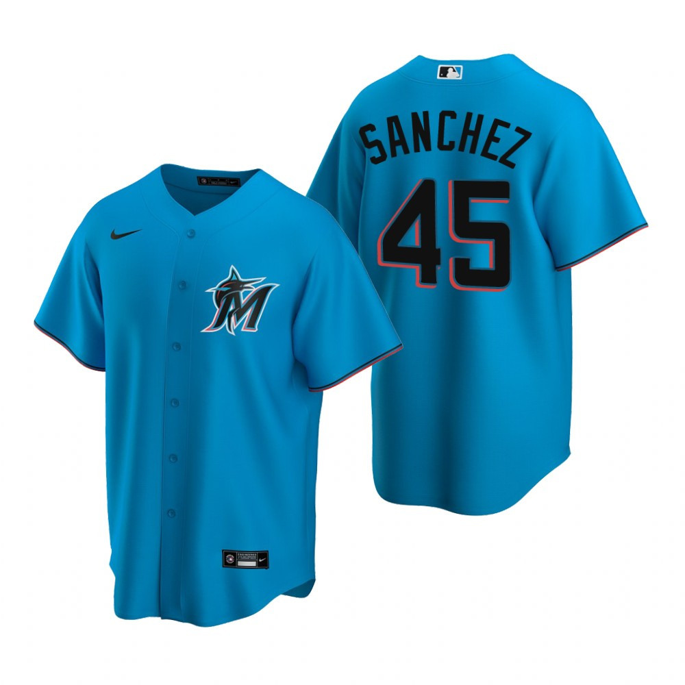 Mens Miami Marlins #45 Sixto Sanchez 2020 Alternate Blue Jersey Gift For Marlins Fans