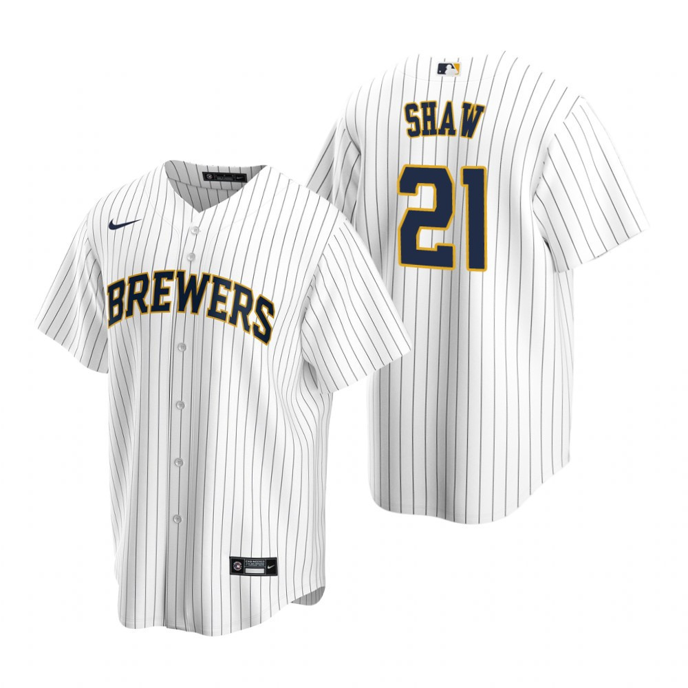 Mens Milwaukee Brewers #21 Travis Shaw Alternate Navy White Jersey Gift For Brewers Fans