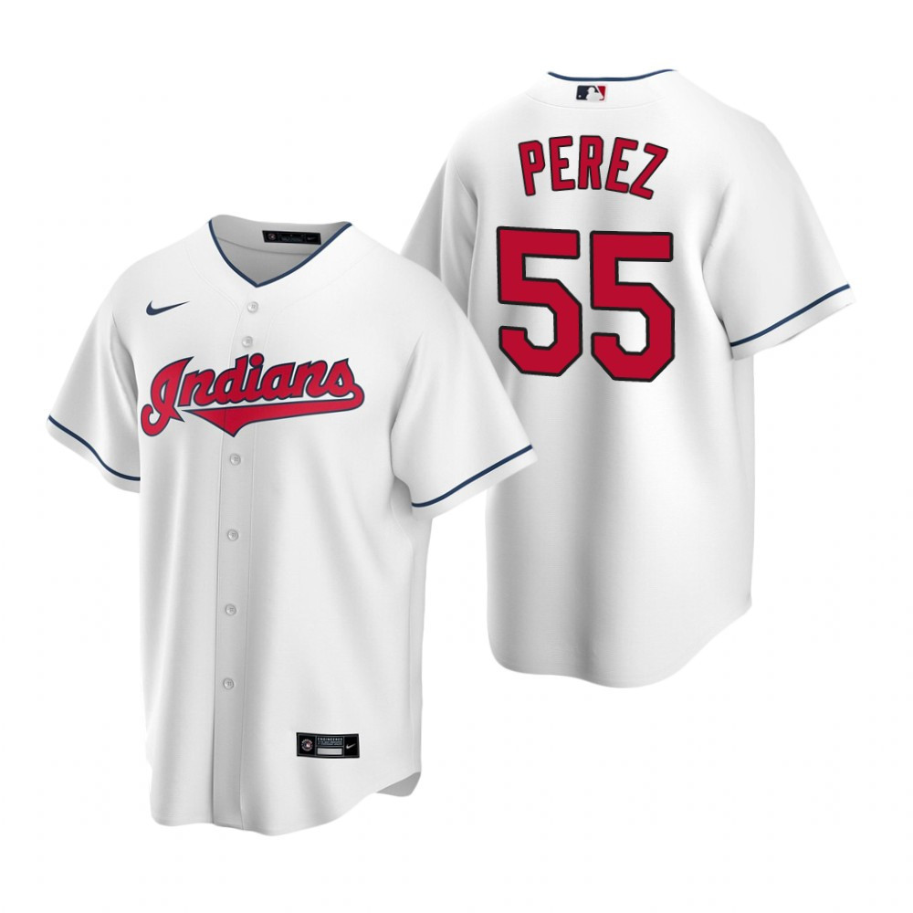 Mens Cleveland Baseball #55 Roberto Perez 2020 Home White Jersey Gift For Cleveland Baseball Fans