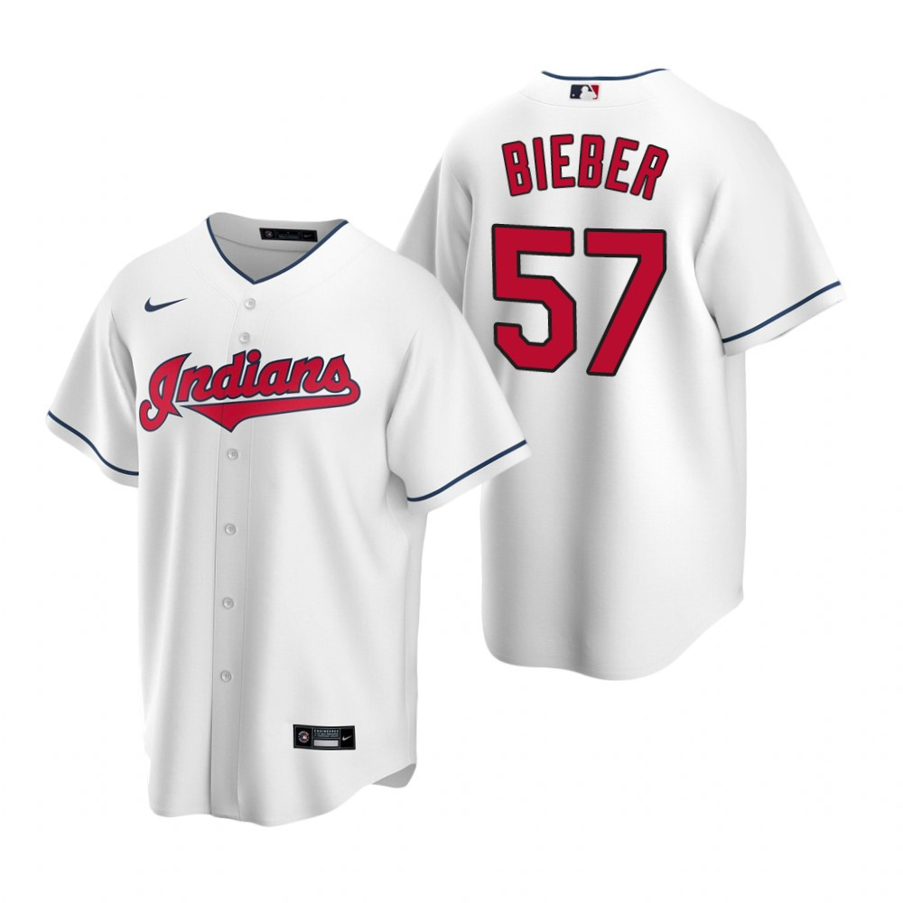 Mens Cleveland Baseball #57 Shane Bieber 2020 Home White Jersey Gift For Cleveland Baseball Fans