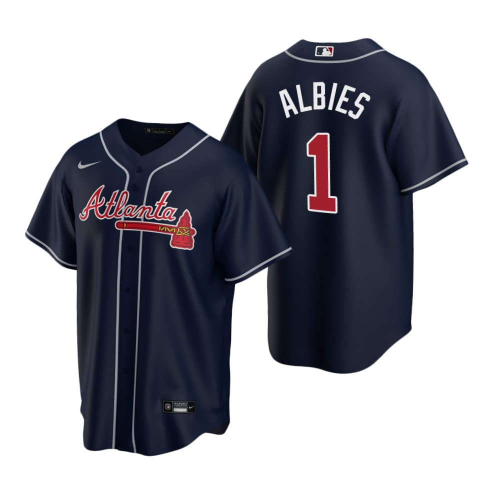 Mens Atlanta Braves #1 Ozzie Albies 2020 Alternate Navy Jersey Gift For Braves Fans