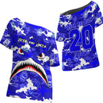 Africazone Clothing - Zeta Phi Beta Full Camo Shark Off Shoulder T-Shirt A7 | Africazone