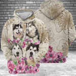 Alaskan Malamute Flower Zip Hoodie Crewneck Sweatshirt T-Shirt 3D All Over Print For Men And Women