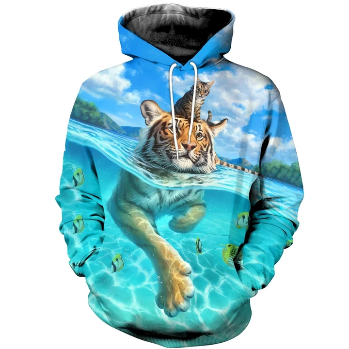 Cat and Tiger Friends Zip Hoodie Crewneck Sweatshirt T-Shirt 3D All Over Print For Men And Women