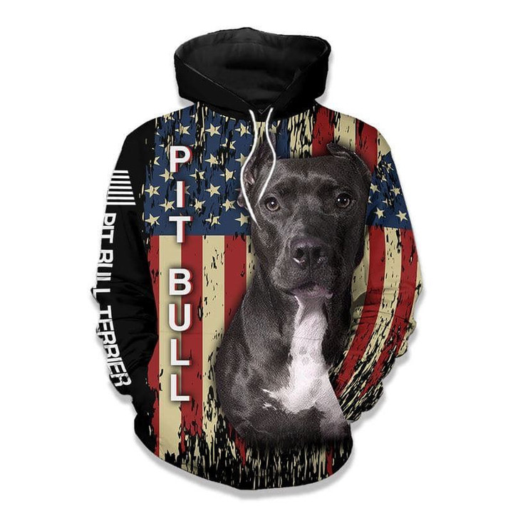 Pit Bull Terrier American Flag Zip Hoodie Crewneck Sweatshirt T-Shirt 3D All Over Print For Men And Women