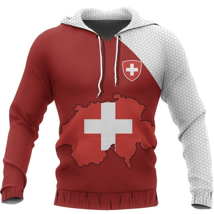 Switzerland Map Red Zip Hoodie Crewneck Sweatshirt T-Shirt 3D All Over Print For Men And Women