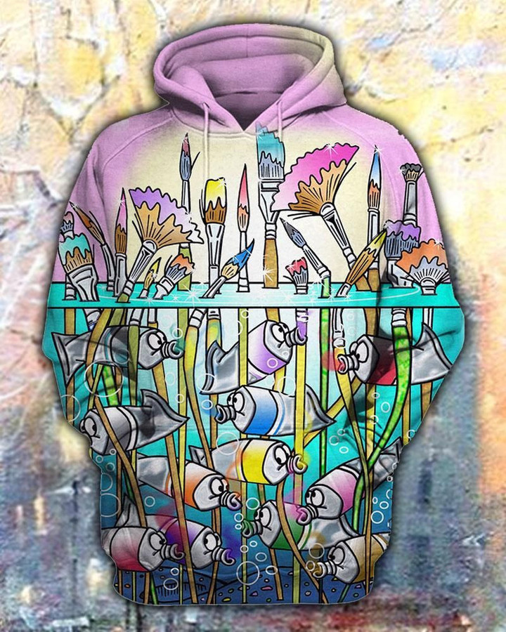 Painter With Fish Art Zip Hoodie Crewneck Sweatshirt T-Shirt 3D All Over Print For Men And Women