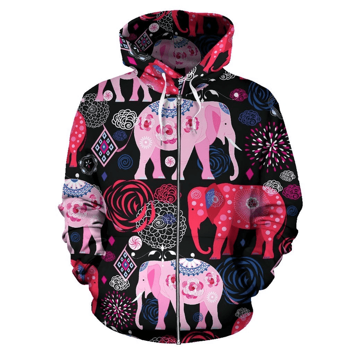 Pink Elephant Pattern Zip Hoodie Crewneck Sweatshirt T-Shirt 3D All Over Print For Men And Women