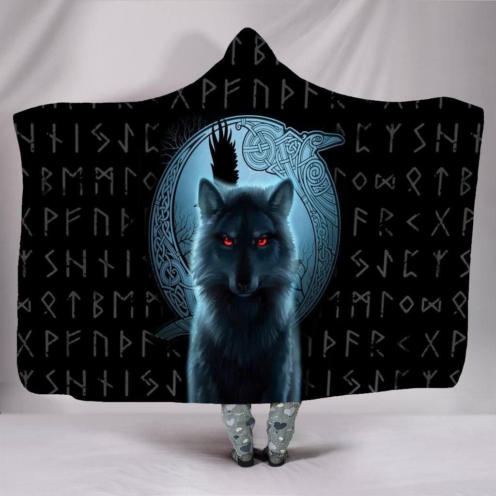 Fenrir Viking Wolf And Moon 3D Over Printed Hooded Blanket for Men and Women-ML