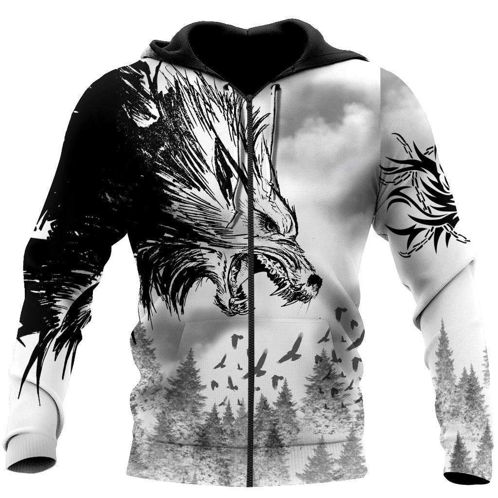 Black Wolf & Raven 3D Over Printed Hoodie for Men and Women-ML
