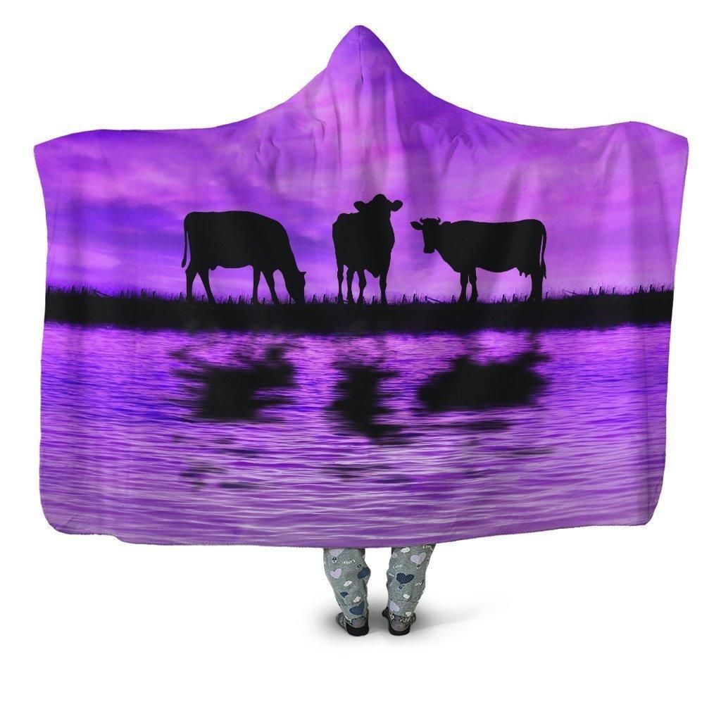 Sunset and Cow Violet Backgroud Hoodie Blanket