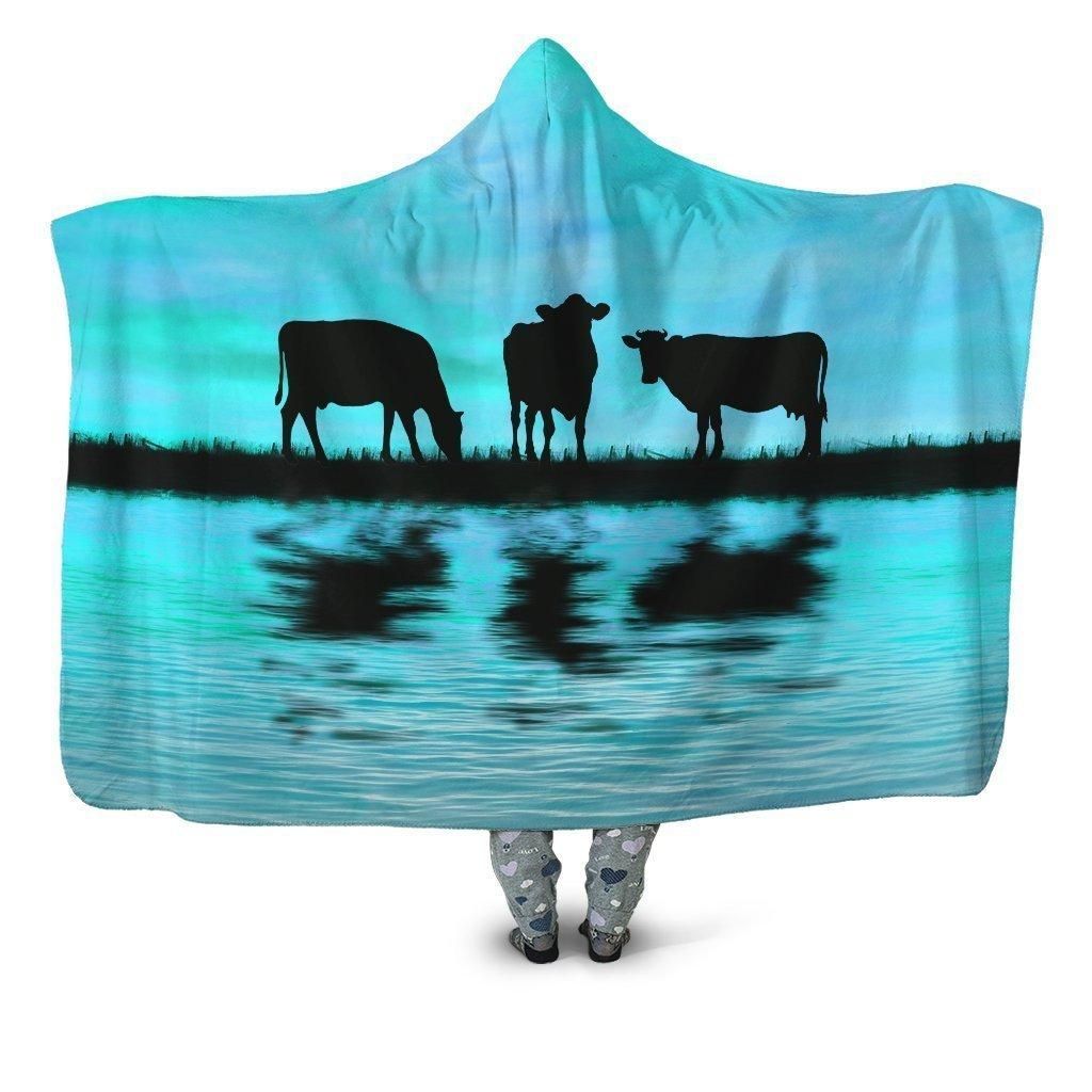 Sunset and Cow Blue Backgroud Hoodie Blanket