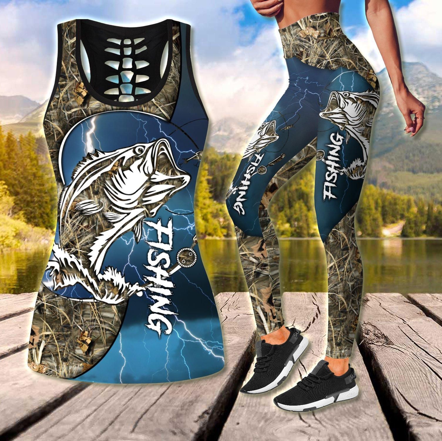 Bass Fishing - blue tattoos Camo Combo Tank + Legging TR230301-HC