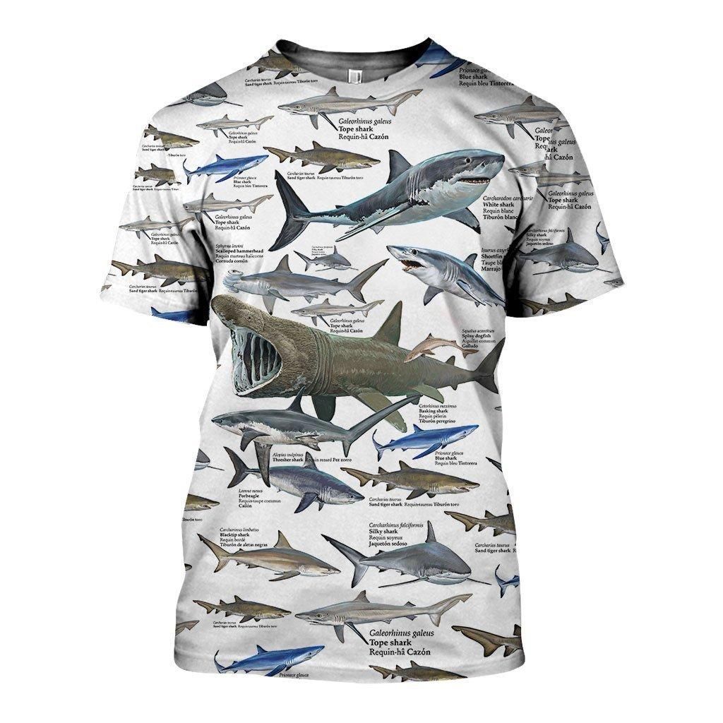 3D All Over Printed Shark Types Shirts