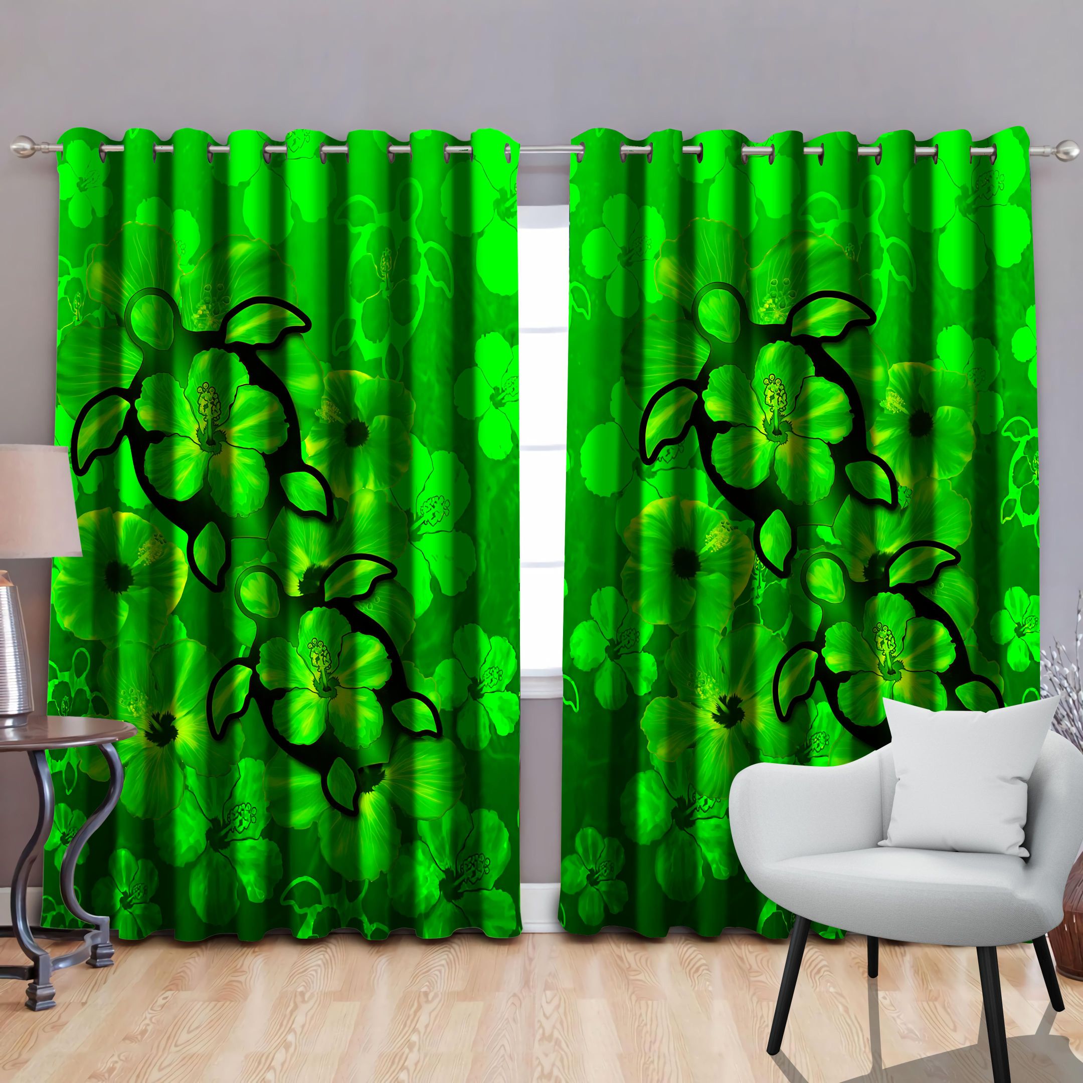 Green Hibiscus Turtles In Hawaiian Dream Window Curtains JJ160525S-SU